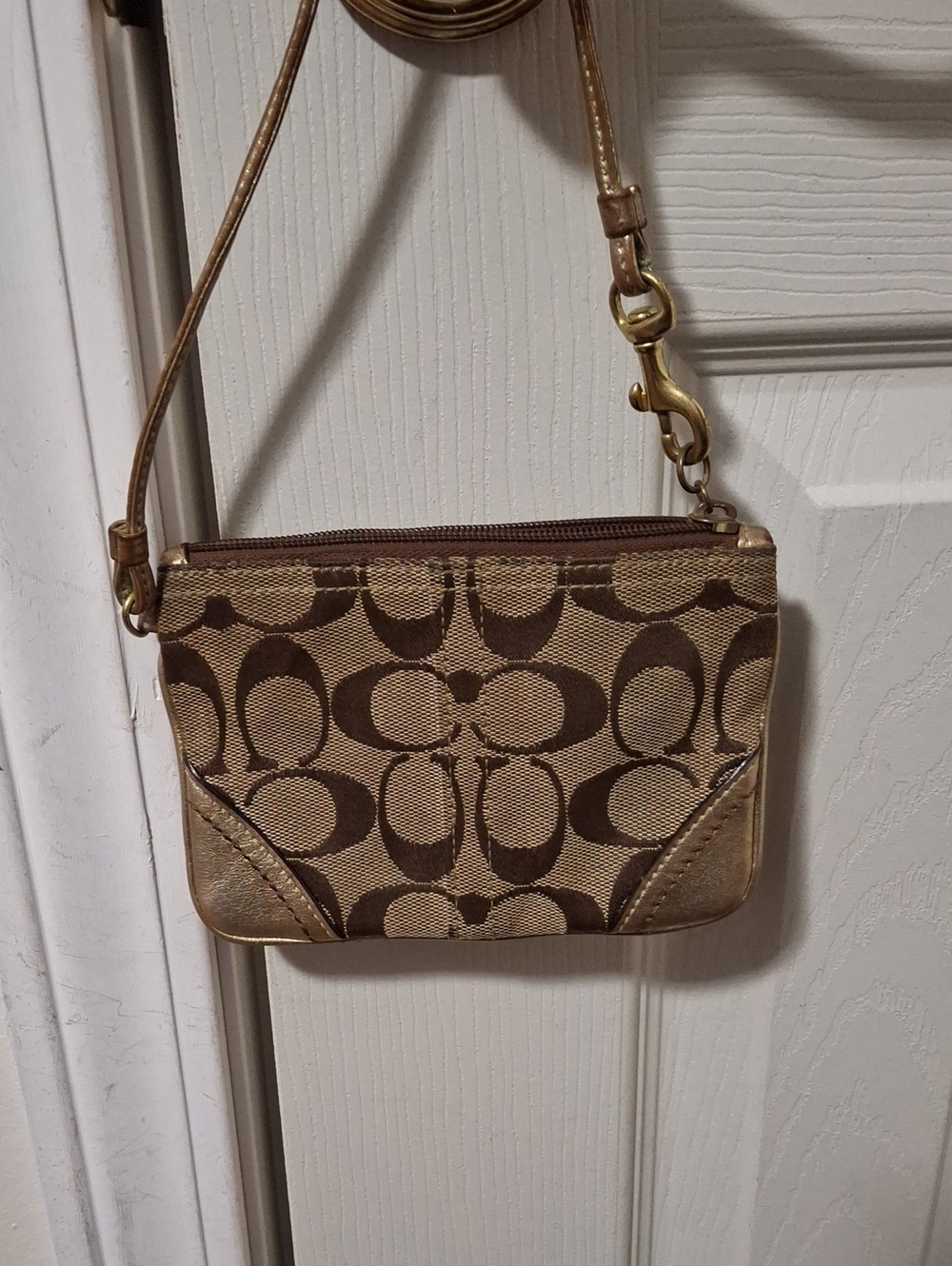 Coach Mini Wristlet in Brown Signature Canvas with Gold Trim